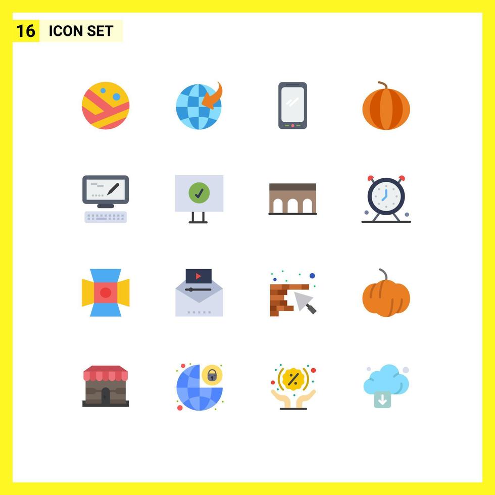 conjunto de pictogramas de 16 colores planos simples de teclado sandía teléfono inteligente fruta baya paquete editable de elementos de diseño de vectores creativos
