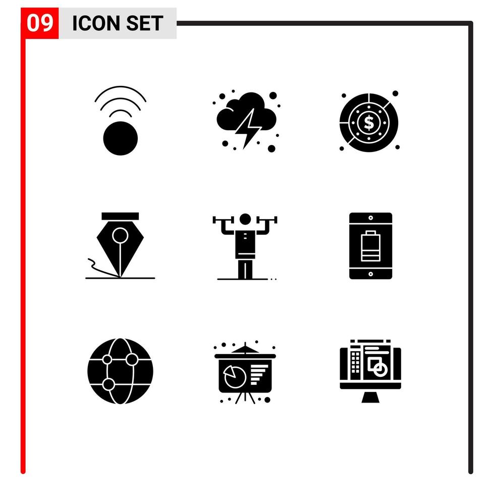 Pack of 9 creative Solid Glyphs of human activity expenditure pen freeform Editable Vector Design Elements