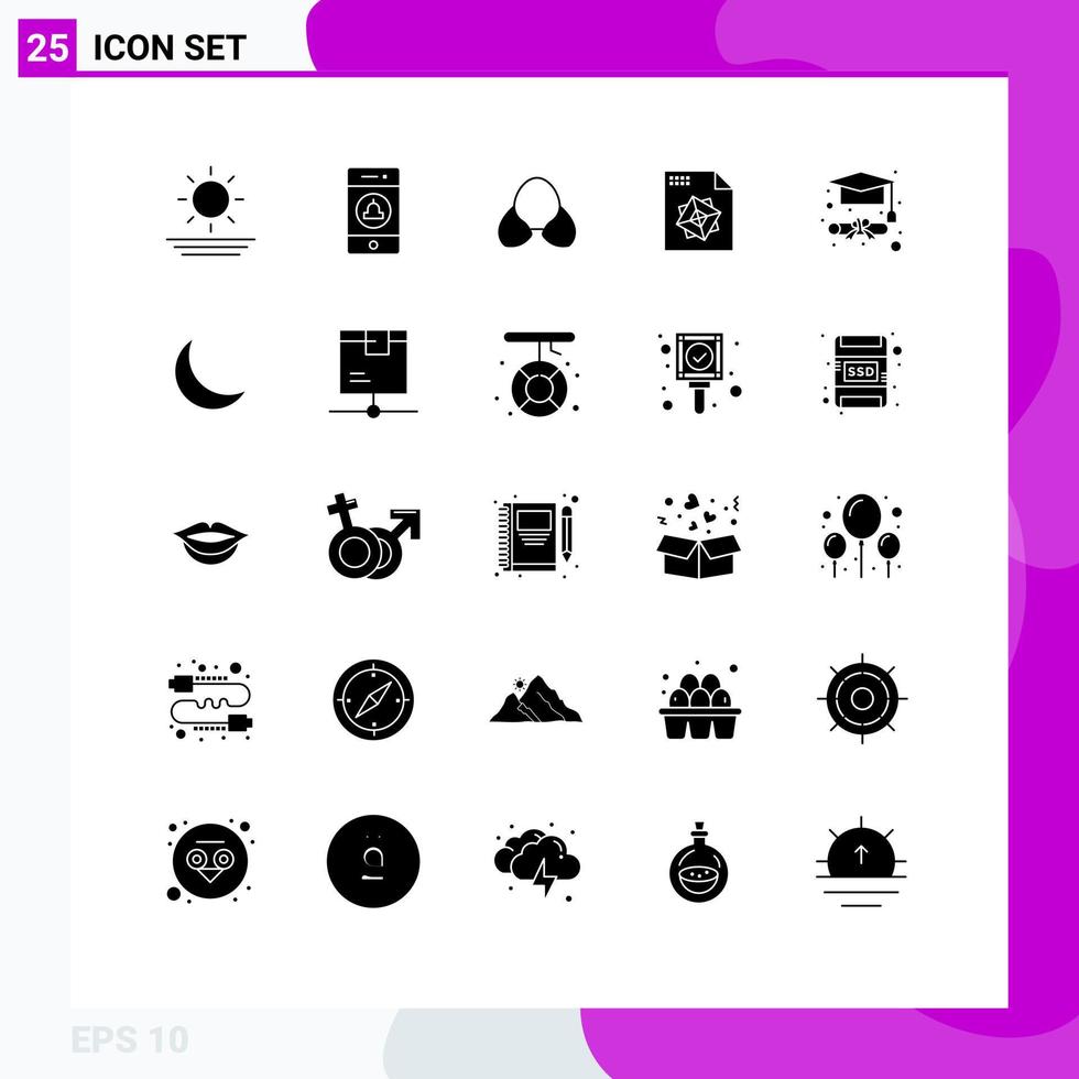 Group of 25 Modern Solid Glyphs Set for graduation cap degree beach design file Editable Vector Design Elements