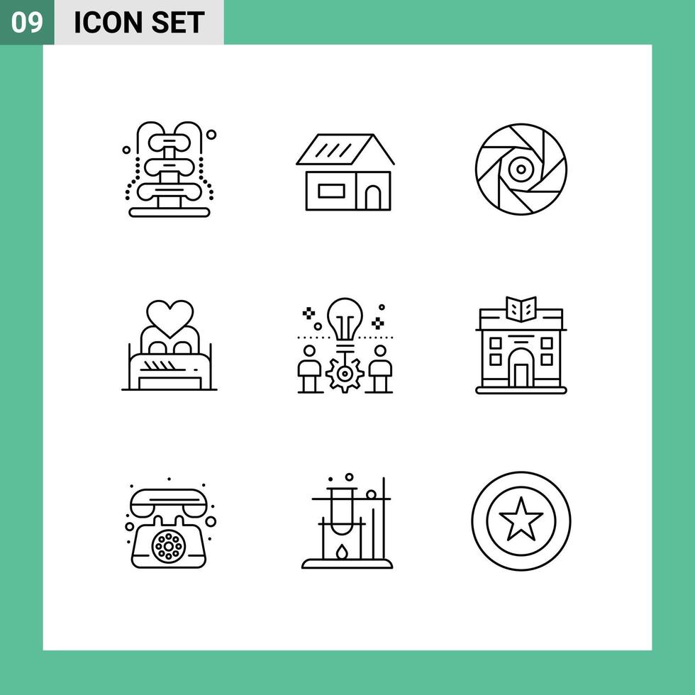Modern Set of 9 Outlines and symbols such as room couple cinema lover bed Editable Vector Design Elements