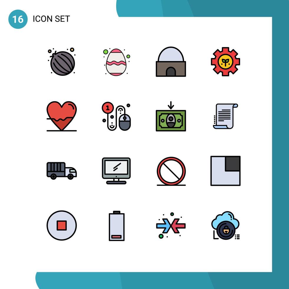 16 interfaz de usuario paquete de líneas rellenas de color plano de signos y símbolos modernos de configuración biológica entorno de engranajes de construcción histórico elementos de diseño de vectores creativos editables