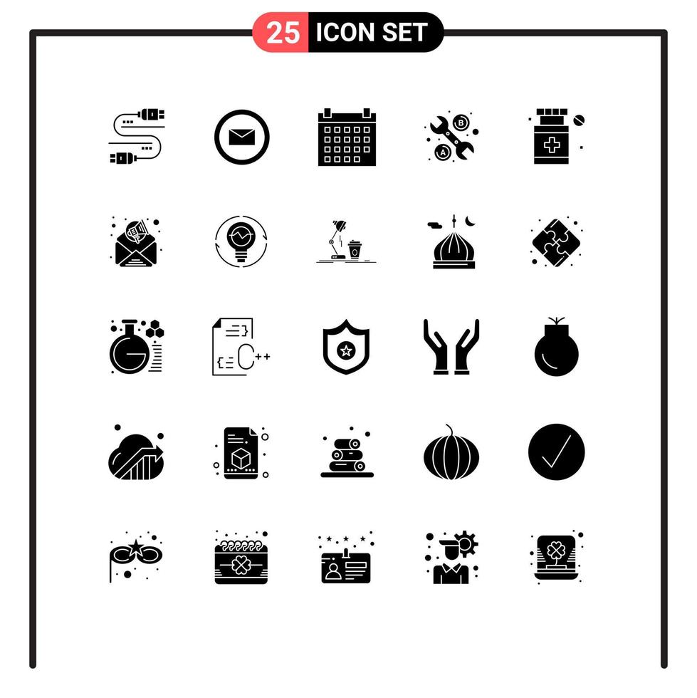 25 Thematic Vector Solid Glyphs and Editable Symbols of advertisement hospital date healthcare tool Editable Vector Design Elements