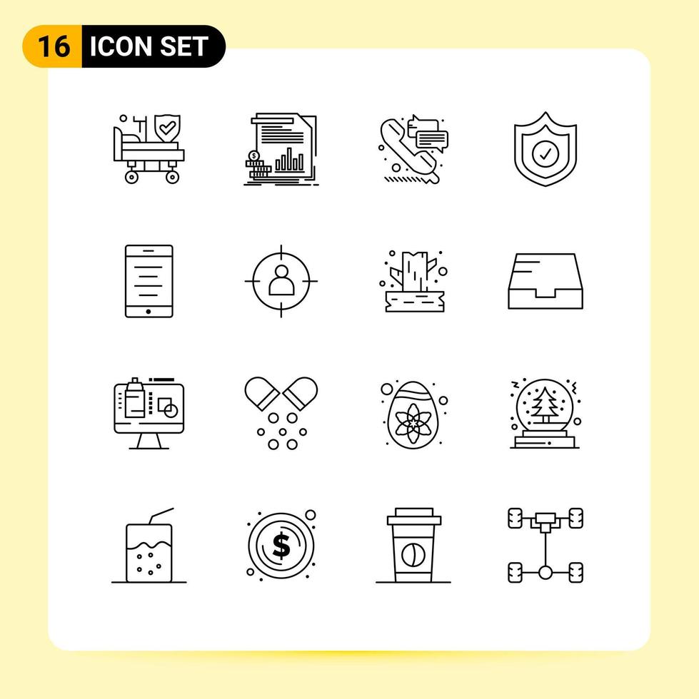 Mobile Interface Outline Set of 16 Pictograms of text shield reports security call Editable Vector Design Elements