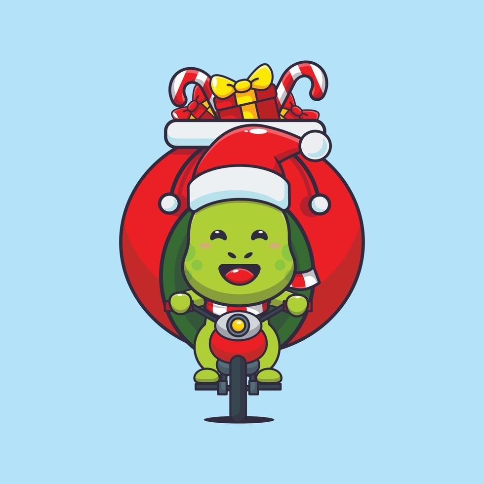 linda tortuga con regalo de navidad con motocicleta. linda ilustración de dibujos animados de navidad. vector