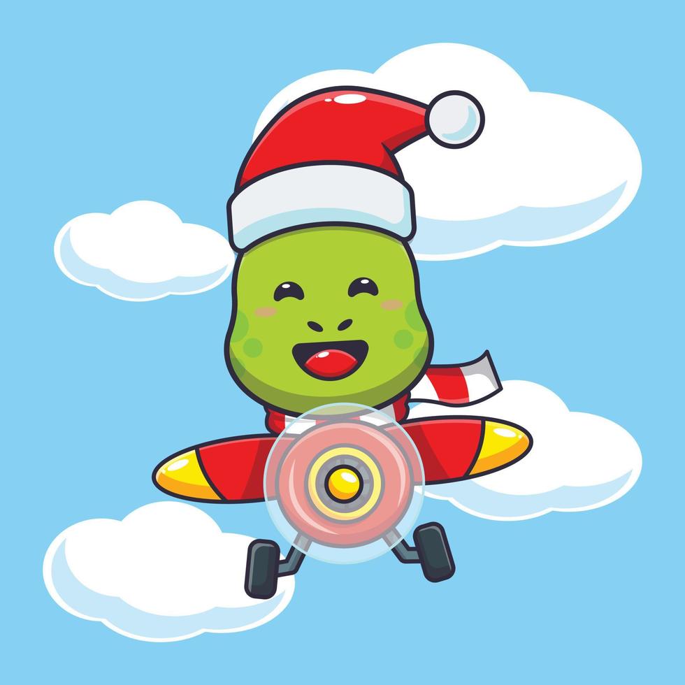 Cute turtle wearing santa hat flying with plane. Cute christmas cartoon illustration. vector