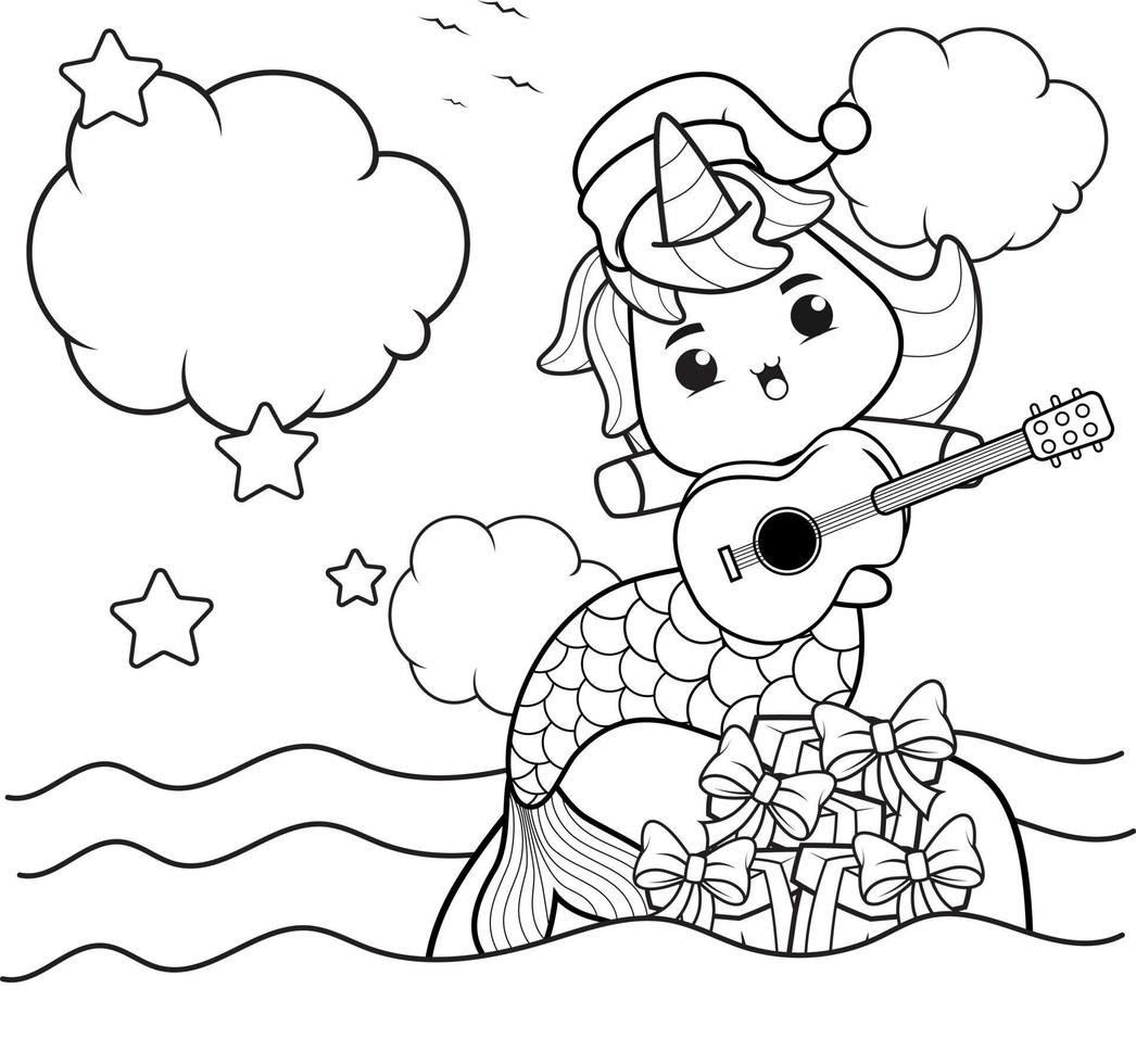 Christmas coloring book with cute unicorn mermaid vector