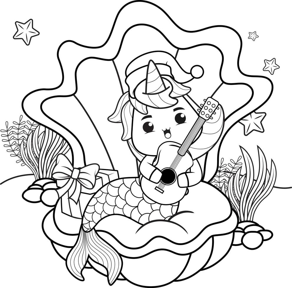 Christmas coloring book with cute unicorn mermaid vector