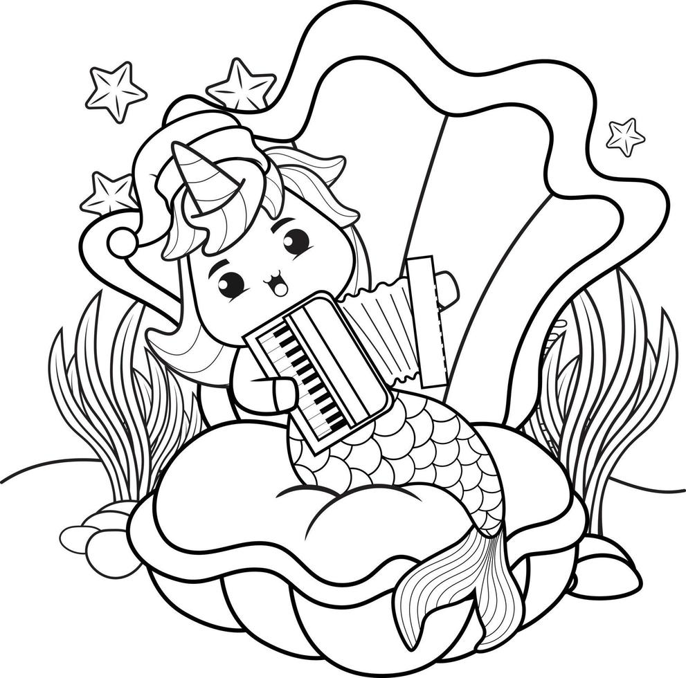 Christmas coloring book with cute unicorn mermaid vector