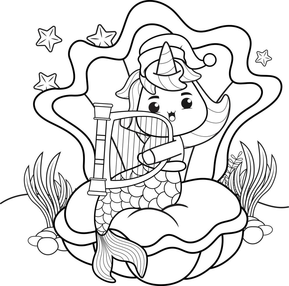 Christmas coloring book with cute unicorn mermaid vector