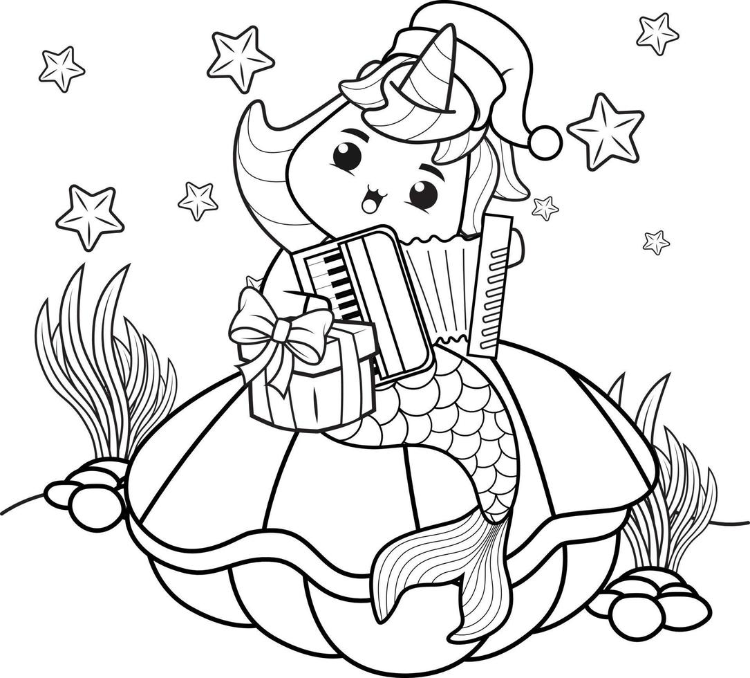 Christmas coloring book with cute unicorn mermaid vector