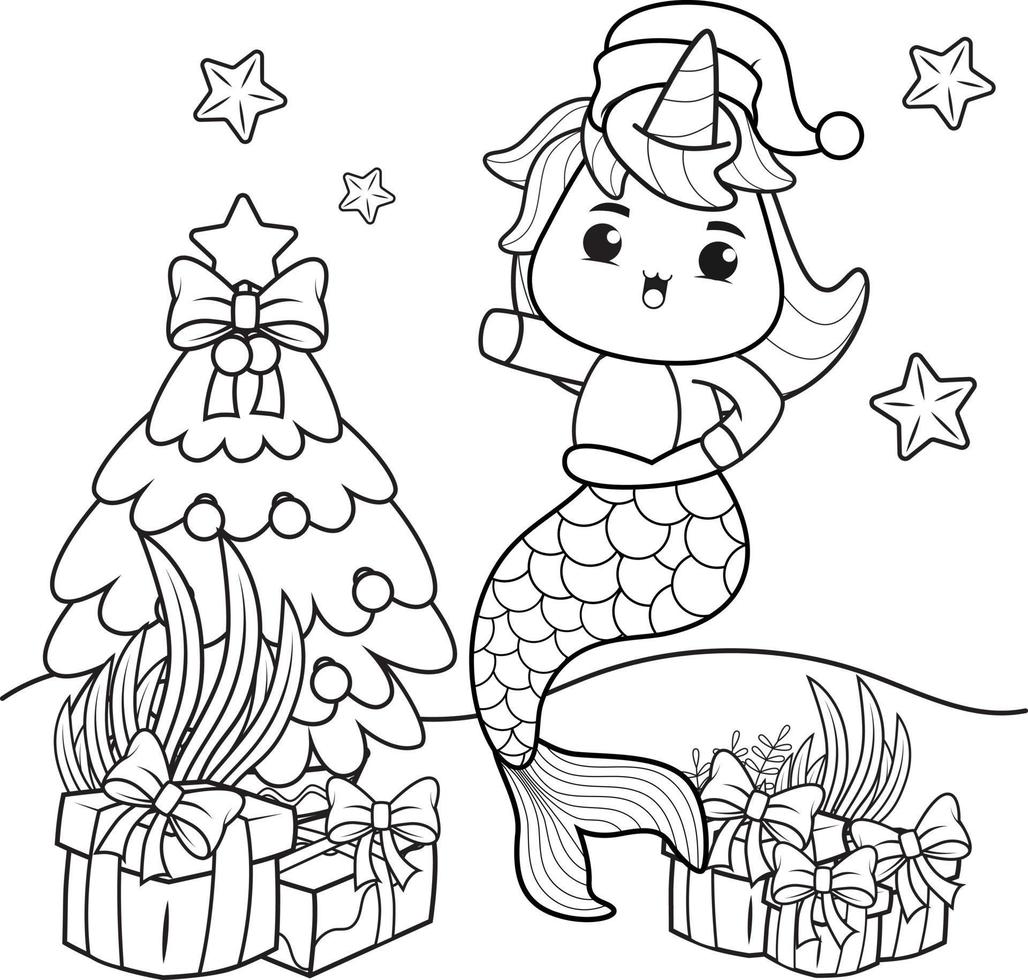 libro de colorear de navidad con linda sirena unicornio vector