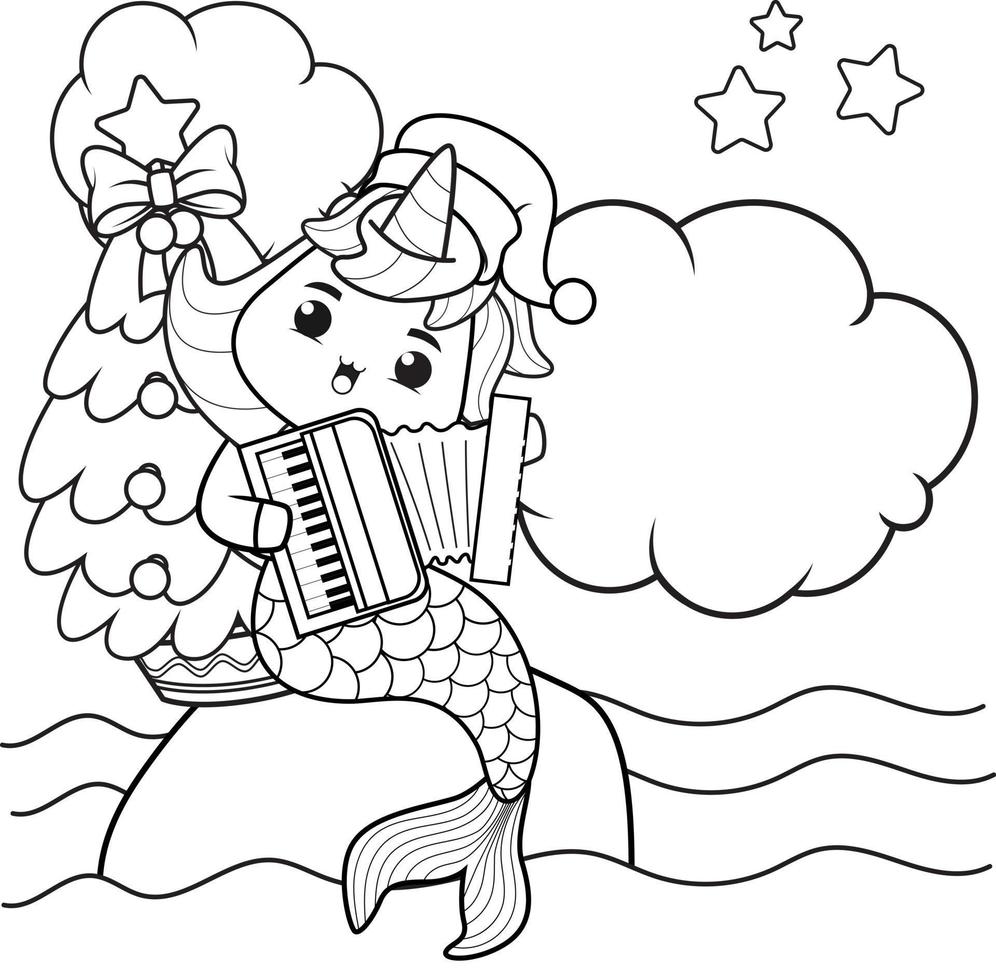 libro de colorear de navidad con linda sirena unicornio vector