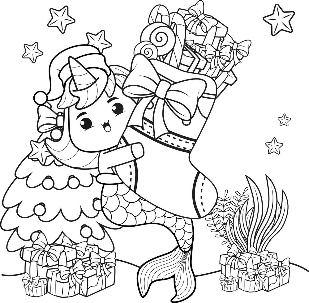 libro de colorear de navidad con linda sirena unicornio vector
