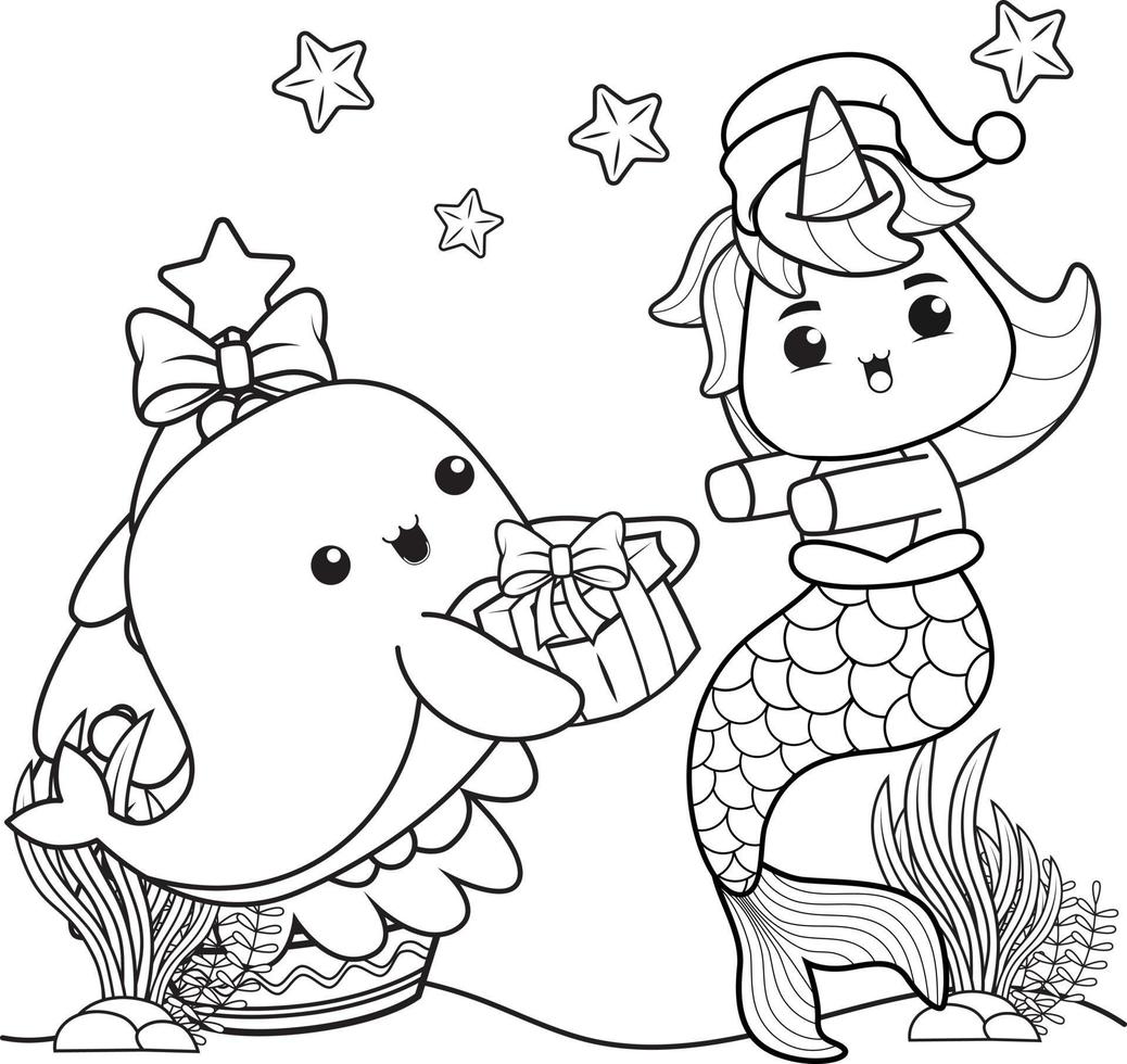 libro de colorear de navidad con linda sirena unicornio vector