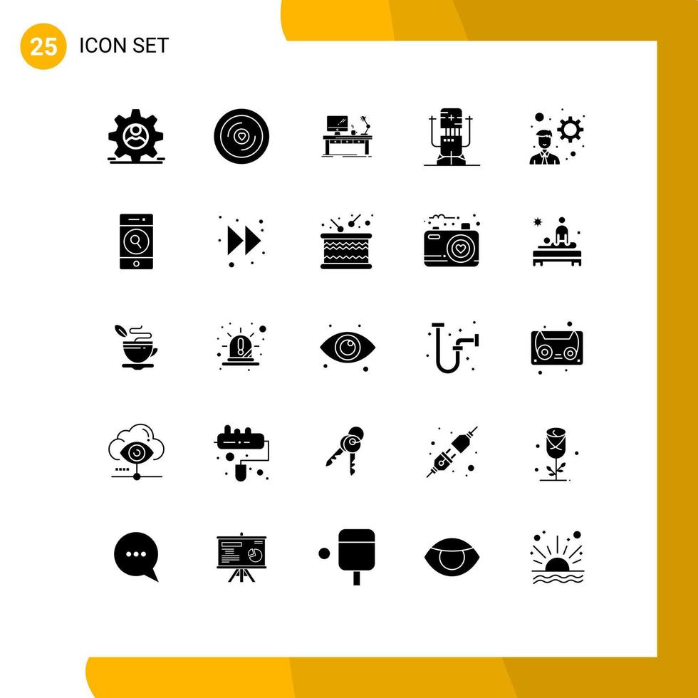 Mobile Interface Solid Glyph Set of 25 Pictograms of future biochip workplace table lamp Editable Vector Design Elements