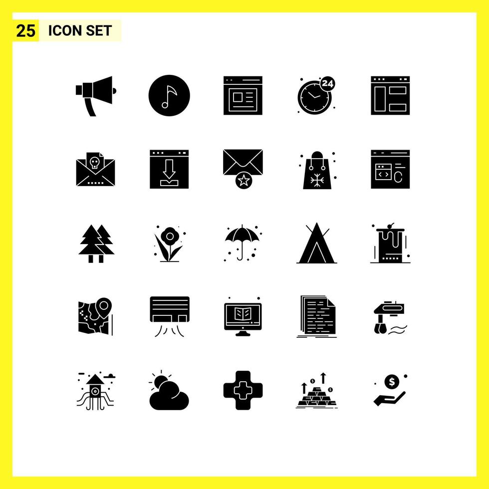 Set of 25 Vector Solid Glyphs on Grid for internet service communication open clock Editable Vector Design Elements