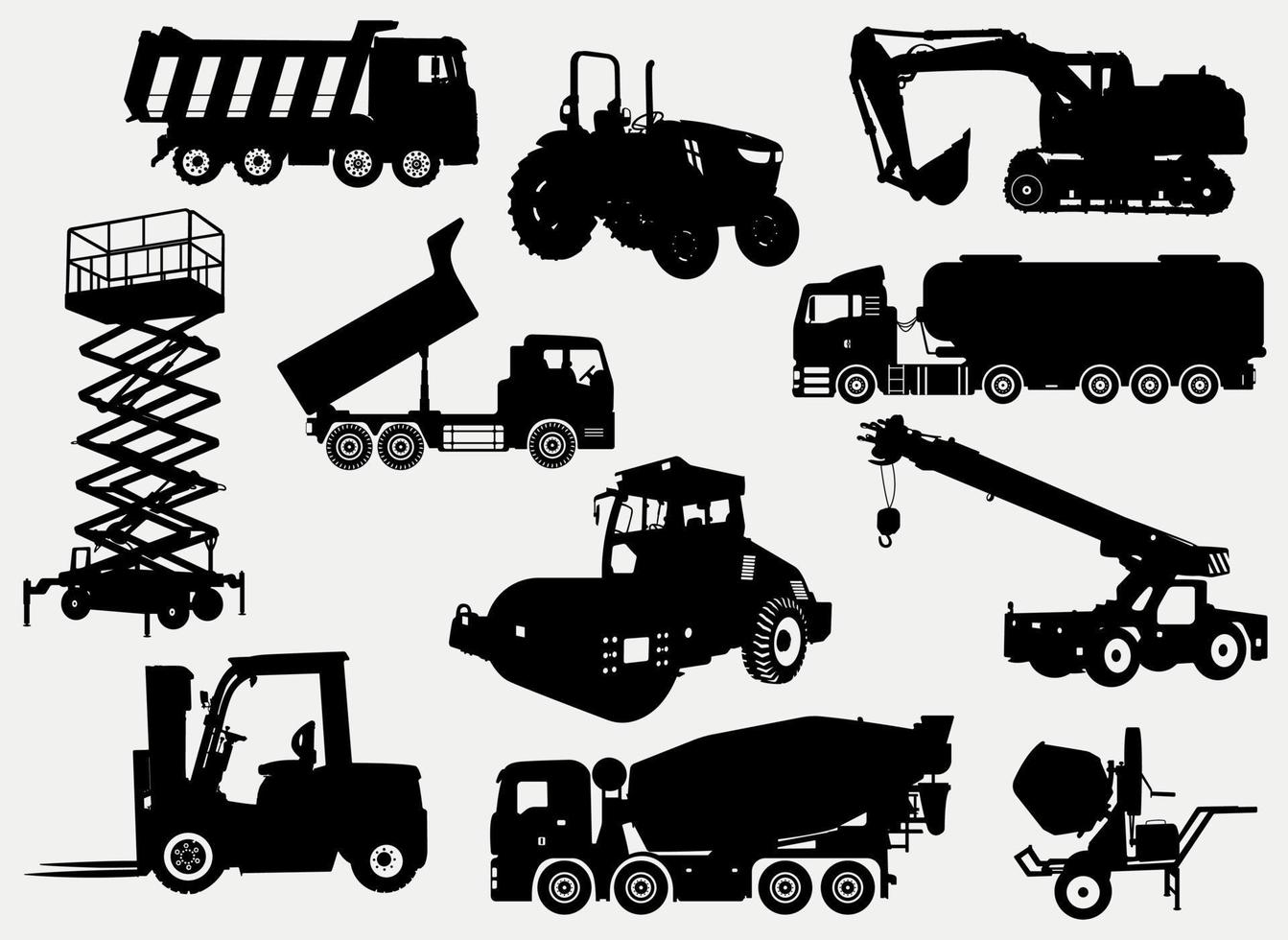 conjunto de siluetas de vehículos industriales pesados, ilustraciones de equipos de construcción en blanco y negro vector