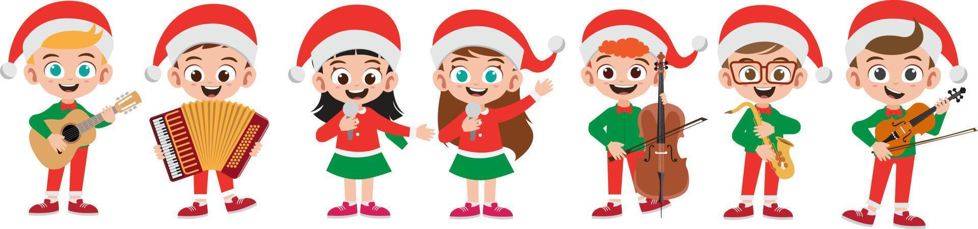 Happy kids in Christmas costumes sing musical vector illustration