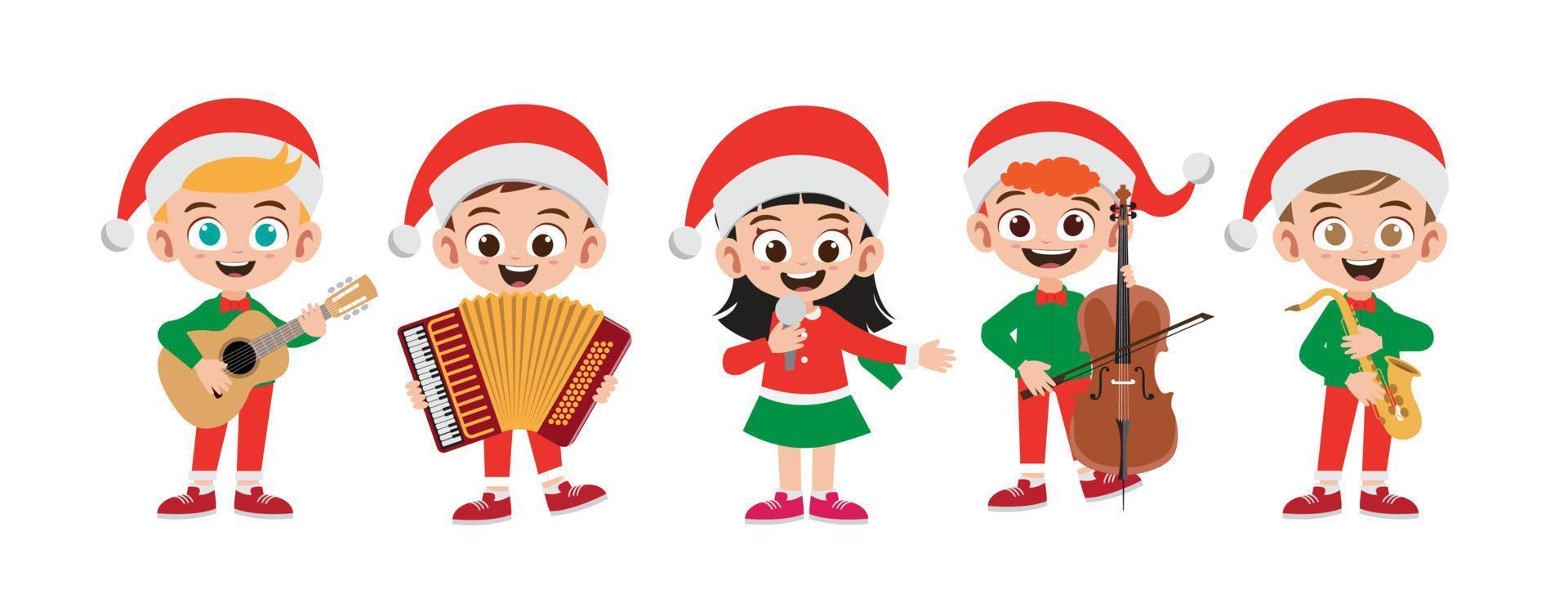Happy kids in christmas costume sing musical vector illustration