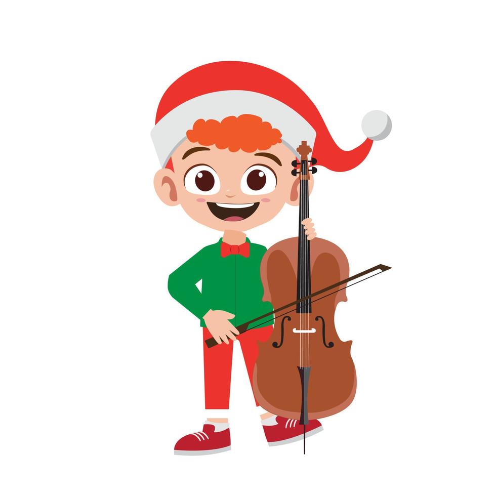 Happy cute little boy holding cello instrument in christmas costume vector illustration