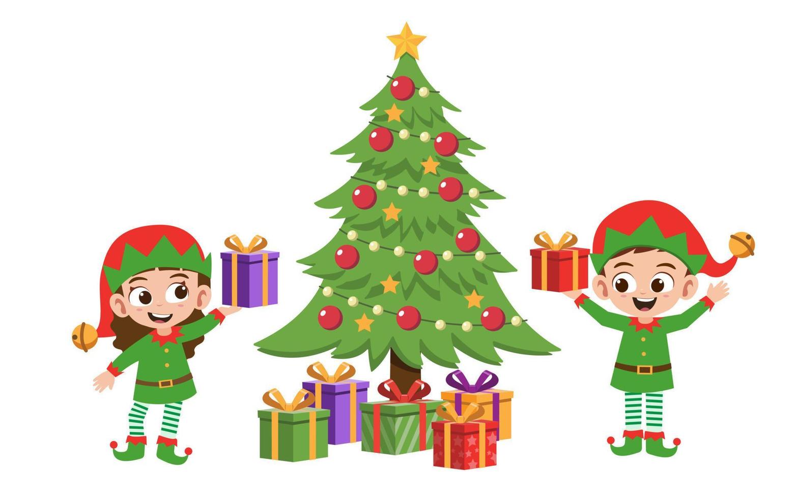 Happy cute little boy and girl holding Christmas present wearing elf costume vector illustration