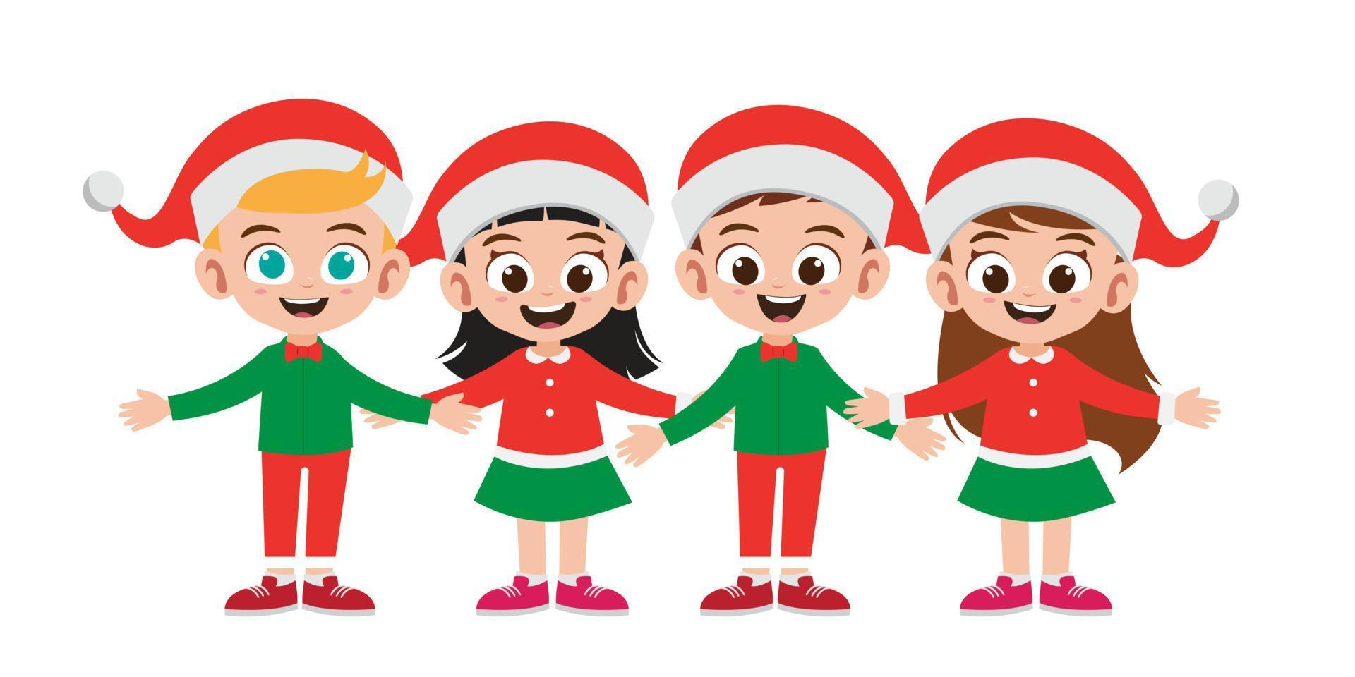 Happy kids boy and girl smile wearing Christmas costume vector illustration set
