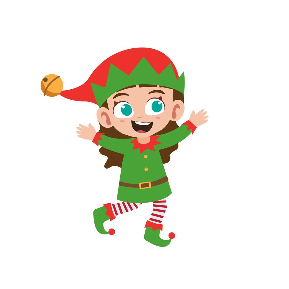 feliz linda niña con elfo verde traje de navidad ilustración vectorial vector