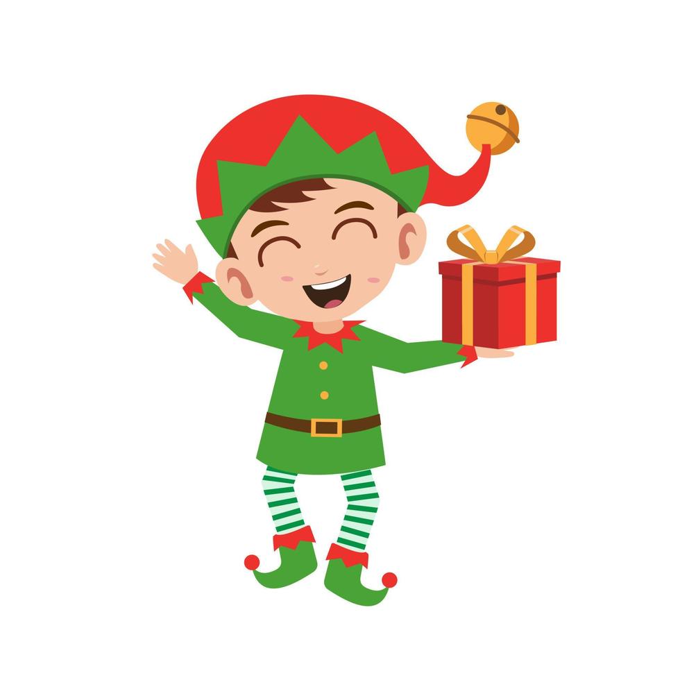 niño pequeño lindo feliz que lleva el ejemplo verde del vector del traje de navidad del duende