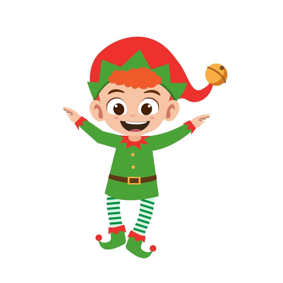 Happy cute little boy wearing green elf Christmas costume vector illustration