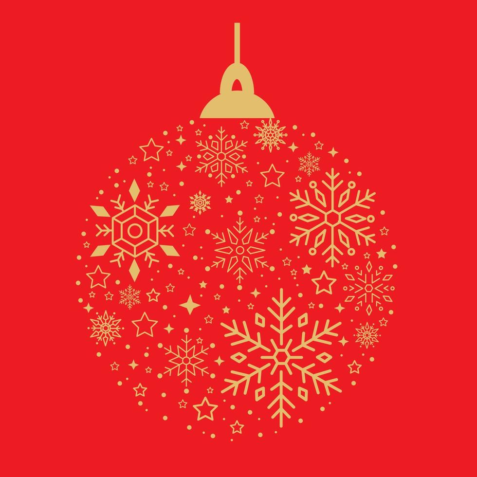 Christmas ball decoration with golden snowflakes on red background vector illustration