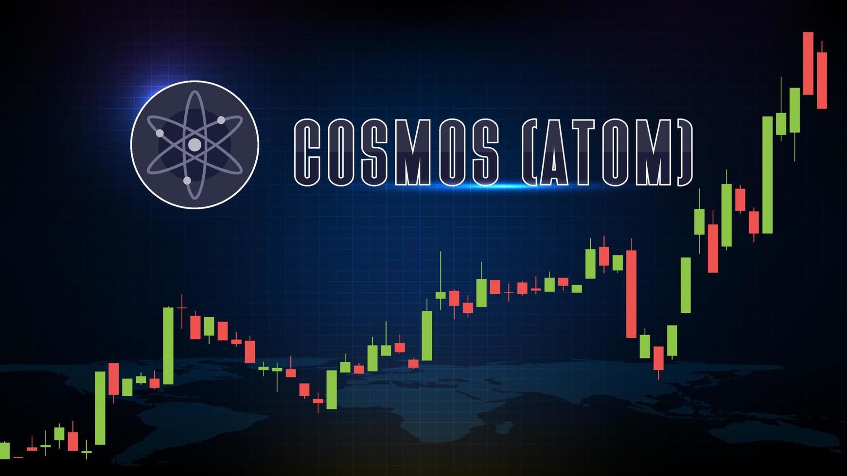 fondo de tecnología futurista abstracto cosmos átomo moneda criptomoneda digital e indicador de volumen de gráfico de mercado vector