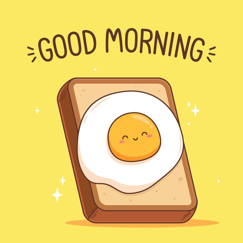 saludos de buenos dias con pan kawaii con huevo vector