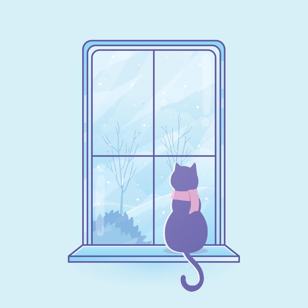 cute cat staring window view in winter vector
