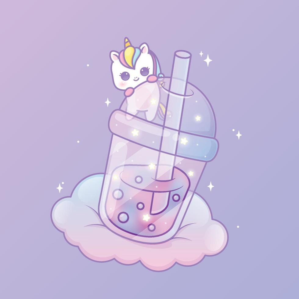 cute unicorn in pastel colorful boba cup vector