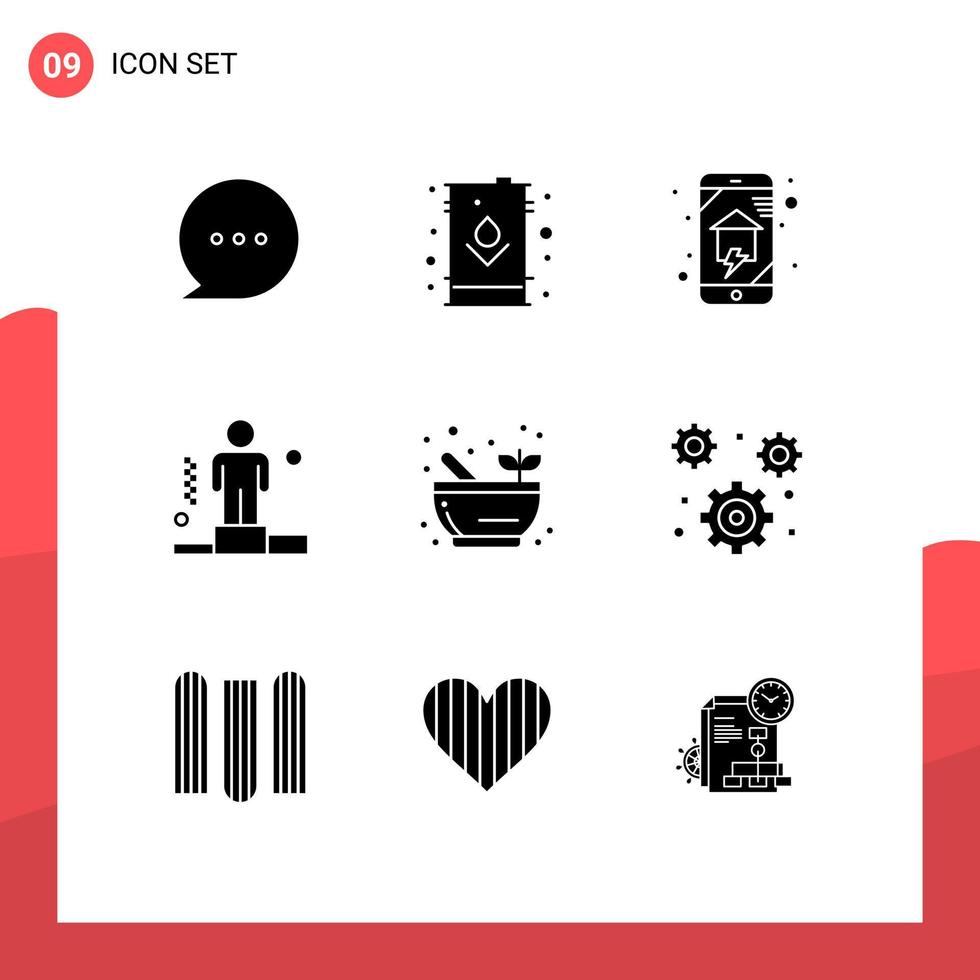Pack of 9 Modern Solid Glyphs Signs and Symbols for Web Print Media such as bowl corporate domestics competitive smart house Editable Vector Design Elements