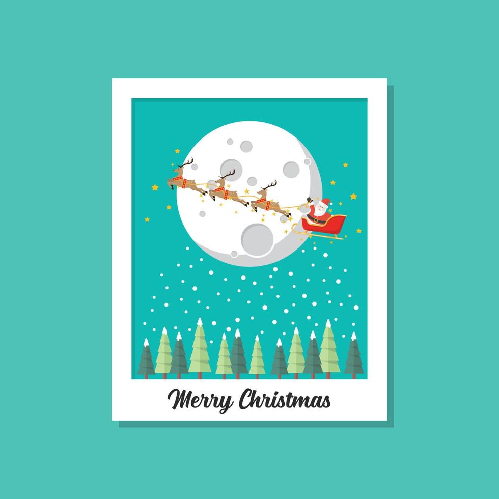 Santa sleigh flying over the moon image on polaroid photo frame vector