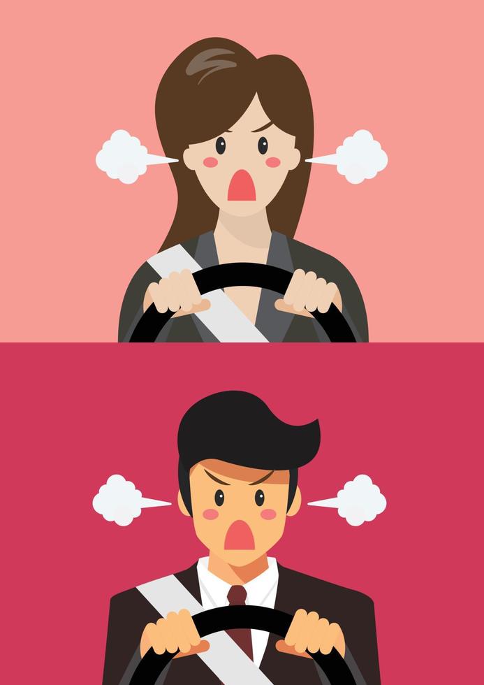 Furious business woman and man driving a car vector