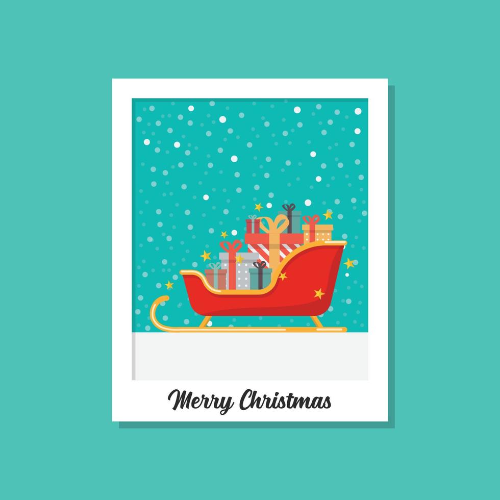 Santa sleigh full of present boxes image on polaroid photo frame vector