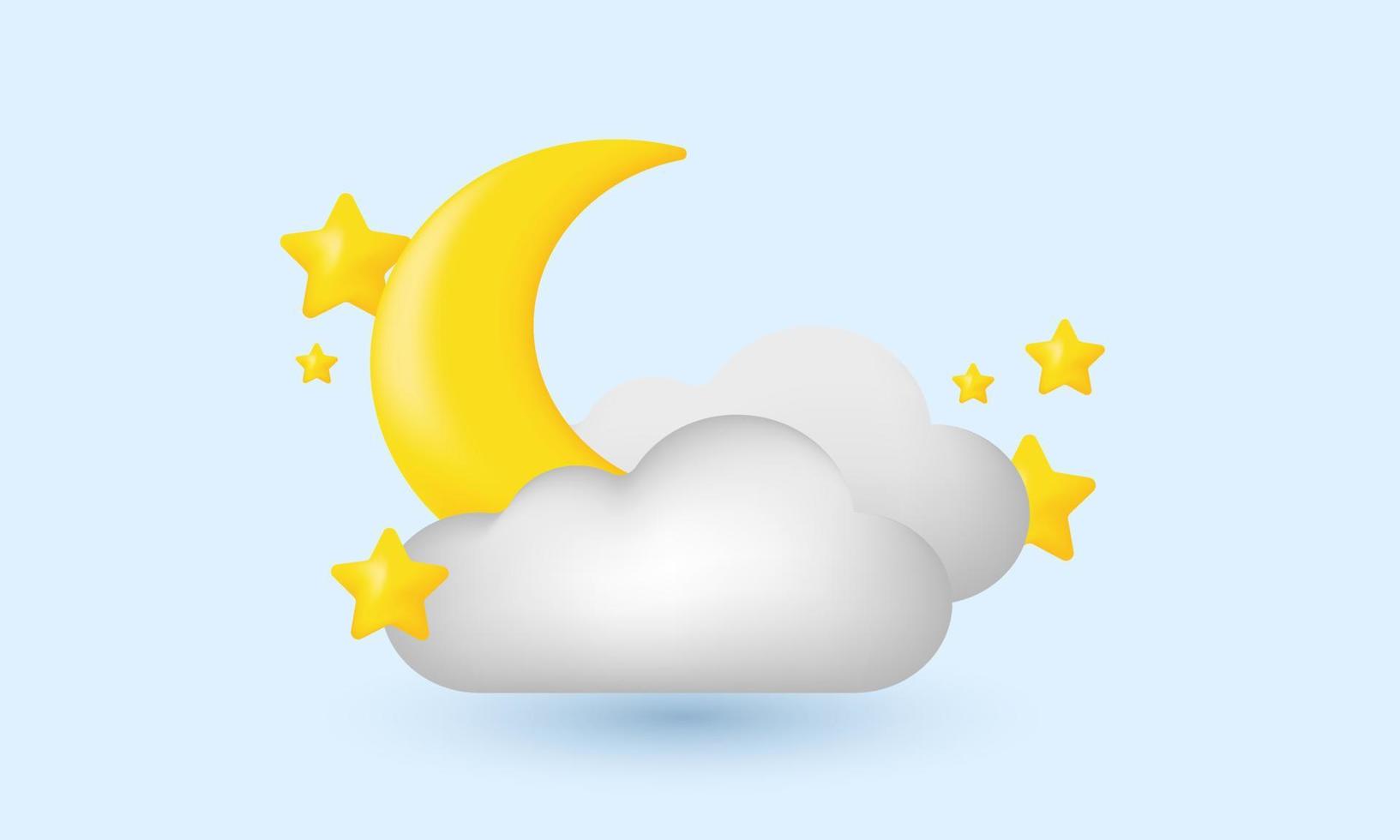 illustration cute 3d crescent moon golden stars white clouds realistic isolated on background vector