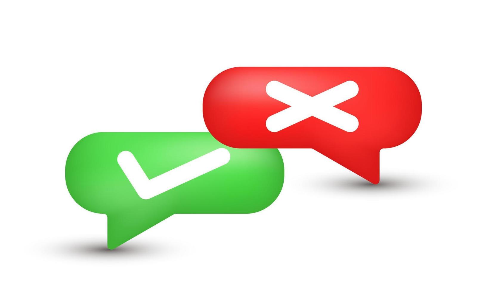 ilustración realista icono 3d rojo verde marca de verificación cruz símbolos aislados en el fondo vector