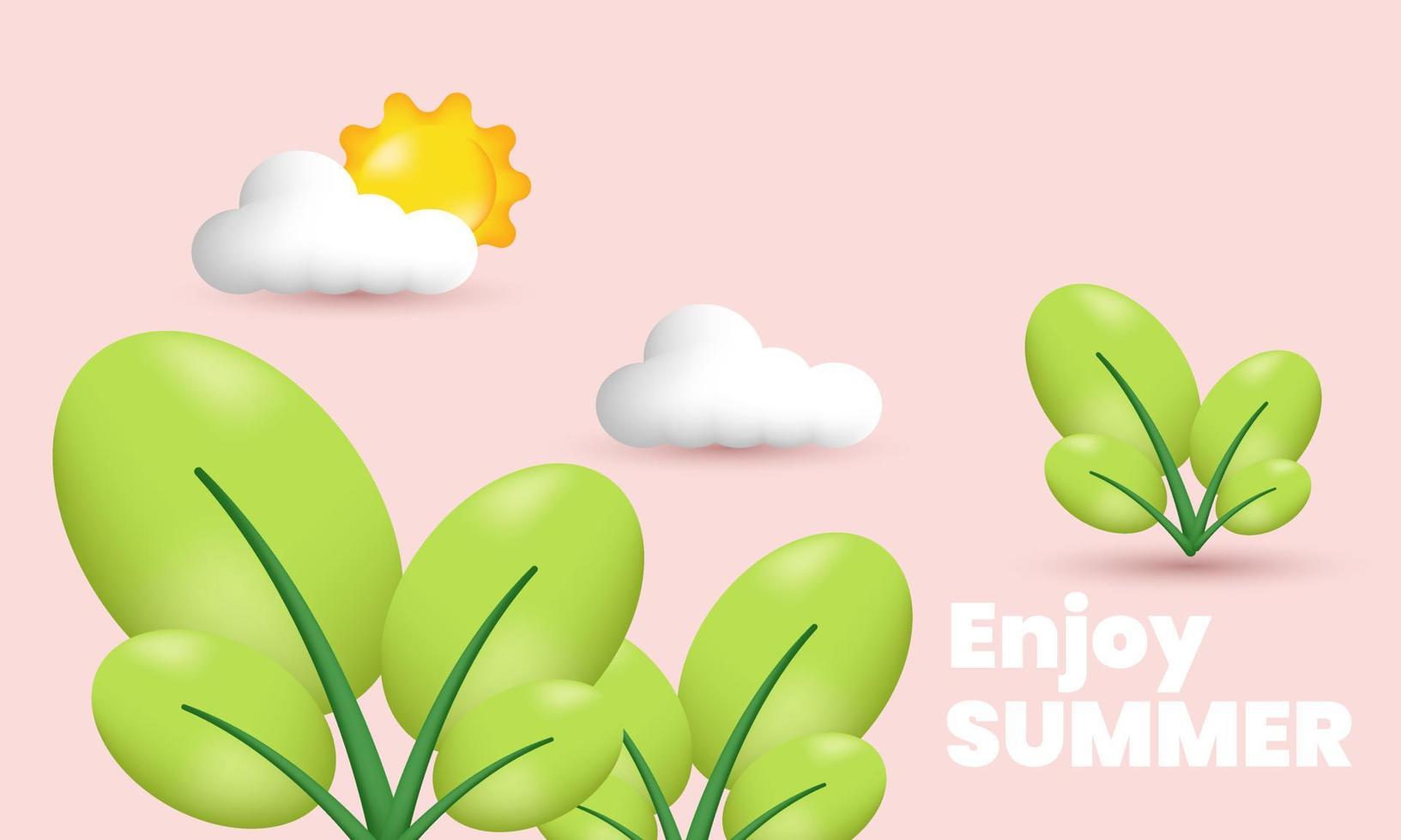 illustration cute 3d flower enjoy summer realistic clouds isolated on background vector