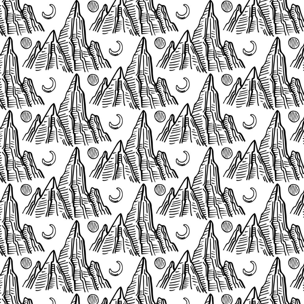 Travel vector illustration with cartoon pattern. Black and white doodle style. Illustration with mountain peaks end graphic elements