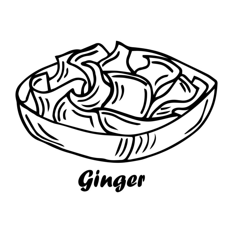 Black ginger slices in round bowl for sushi condiment, cartoon doodle vector illustration isolated on white background. Asian sushi spice sliced ginger root.