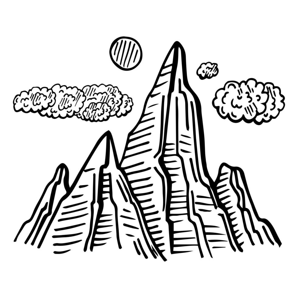 ilustración de vector de montaña, elemento de silueta madura de paisaje icono al aire libre cimas de hielo de nieve y viajes de camping aislados decorativos escalada o senderismo.