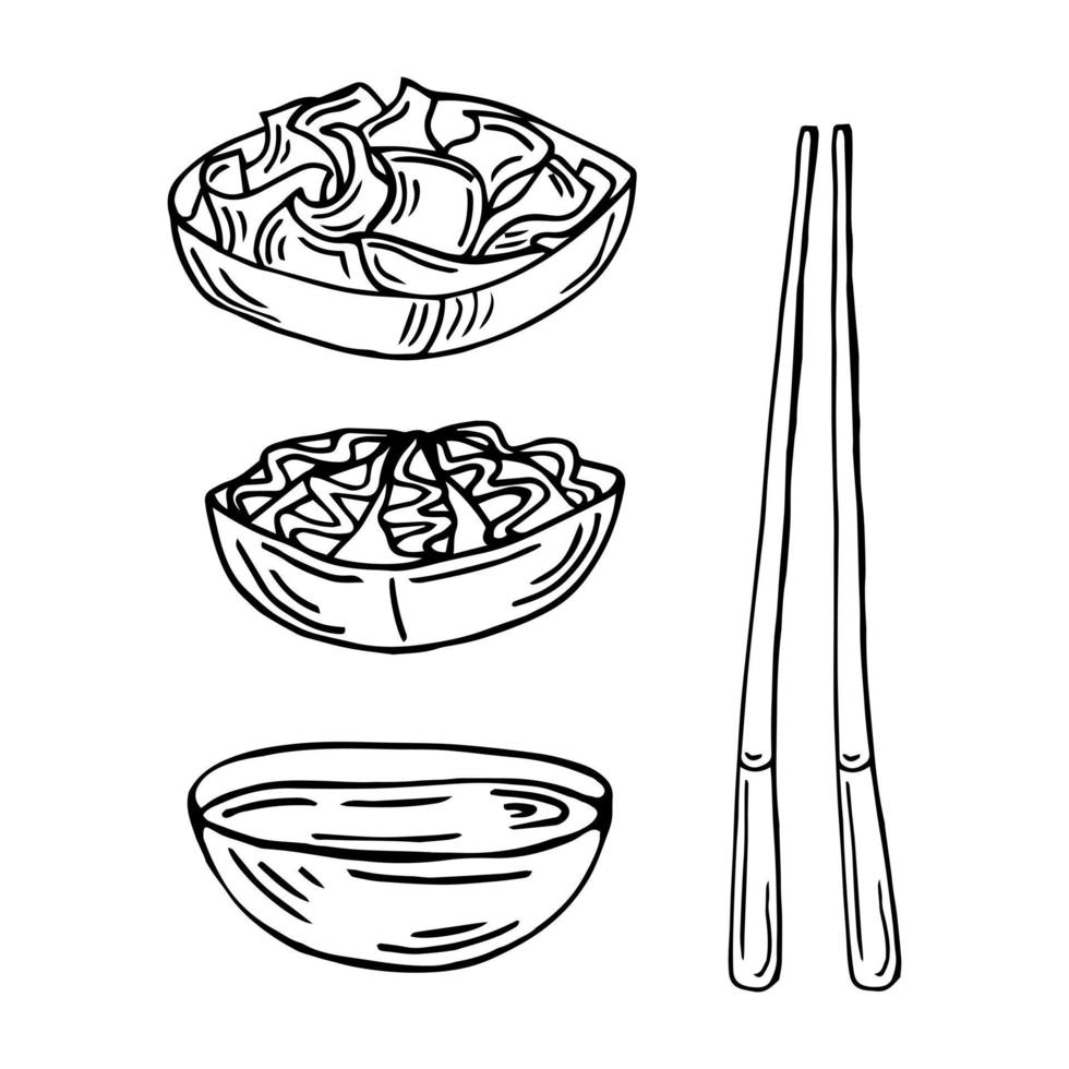 Hand drawn set with wasabi, soy sauce, ginger and chopsticks isolated on white background vector