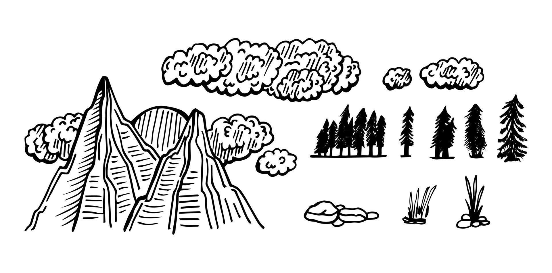 montaña pinos árboles cielo paisajes dibujados a mano ilustraciones vectoriales vector