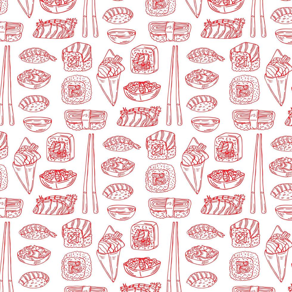 Pattern with japan red sushi isolated on white background. vector