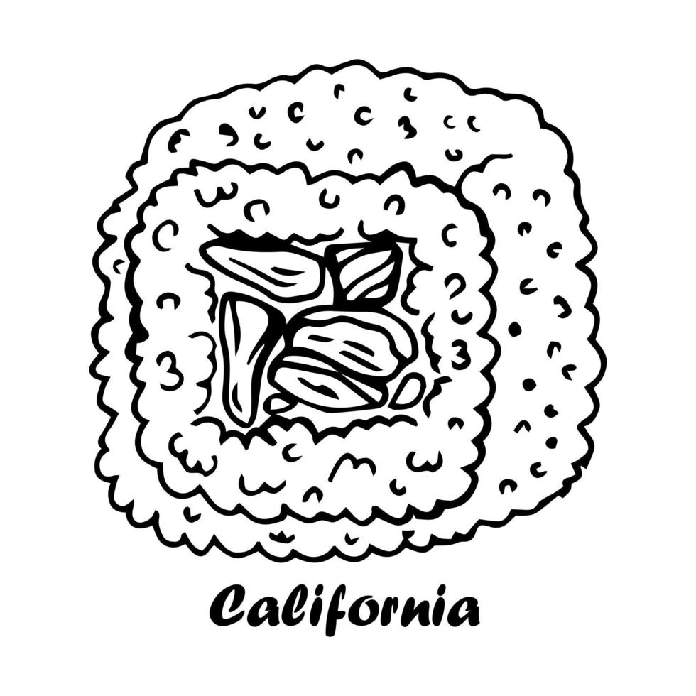 Fresh delicious sushi california rolls in doodle style. Black and white isolated illustration on a white background vector
