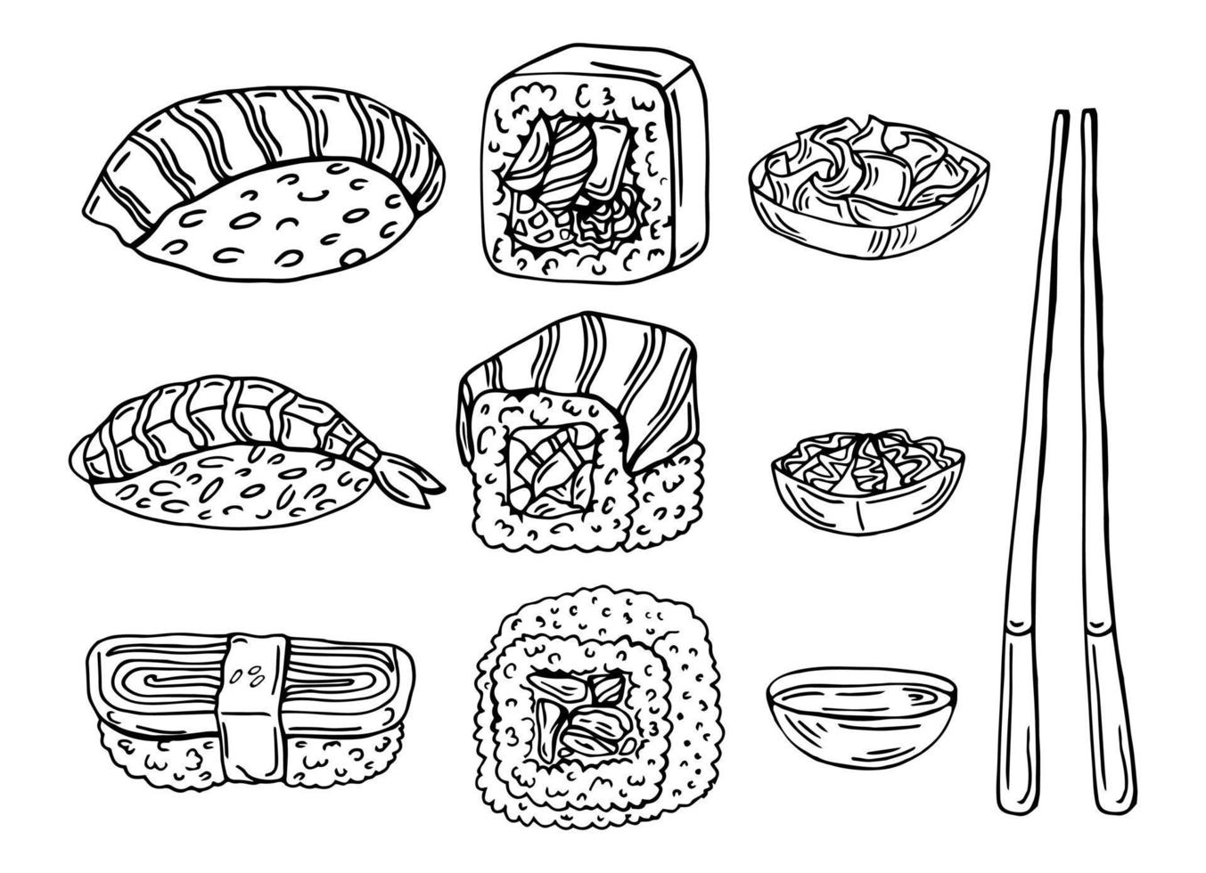Sushi and rolls doodle set. Japanese food in sketch style. Hand drawn vector illustration isolated on white background