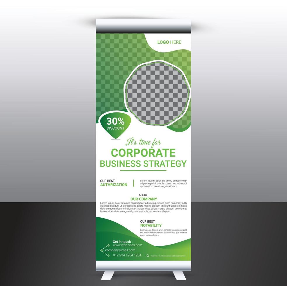 professional corporate business roll up banner or billboard, advertisement web stand ads design vector